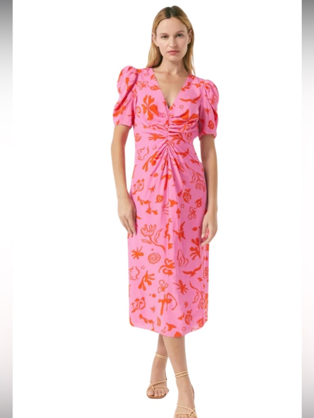 Rhode Maci Botanical Pink & Orange Ruched V-Neck Midi Dress | 8